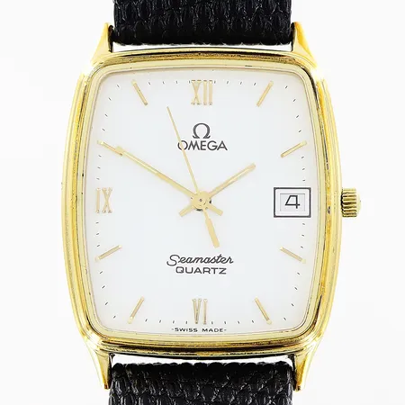 Herrur Omega Seamaster, stål/gulmetall, quartz, 30x26mm, ref 1430, datum, läderband Hirsch, törnlås, inga tillbehör.