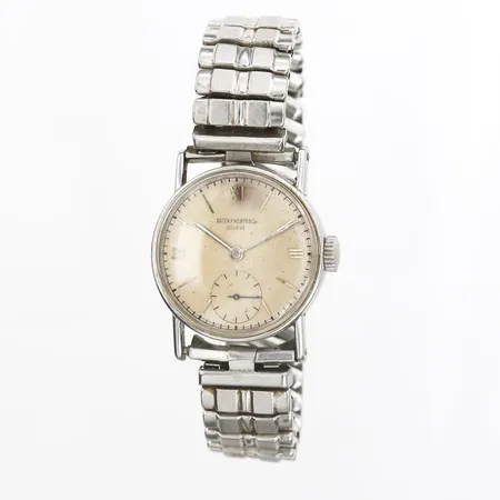 Herrur Patek Philippe & Co Ø32mm stål, manuell, plexiglas, liten sekundvisare, omkring 1900-talets mitt, troligen föregångaren till Carlatrava, verknummer 963.521, boettnummer 508.614, åldersbetingat slitage, repor, missfärgad urtavla, ej originalarmband, ej originaletui, inga övriga tillbehör,  