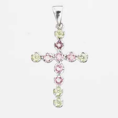 Hänge kors med gröna samt rosa stenar, höjd: 28mm, bredd: 16mm, 18K Vikt: 1,7 g