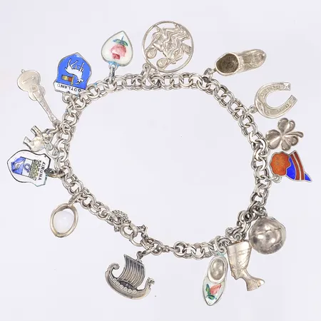 Armband Bismarck med berlocker längd 19cm bredd 5-30mm säkerhetskedja silver bruksslitage 830-925/1000 Vikt: 24,3 g