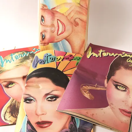 Fyra tidningsmagasin Andy Warhols Interview 1980, januari, februari, april, maj, slitage, mindre skador.