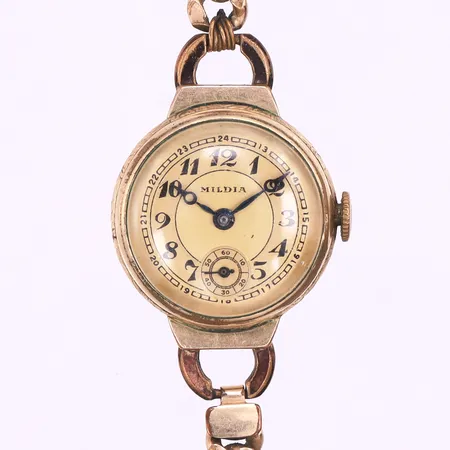 Damur Mildia,diameter ca 22.2 mm,fungerar ej,14k i uret och gulmetall i bandet. Vikt: 0 g