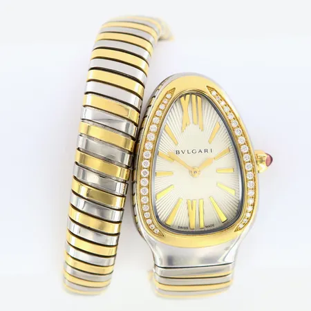 Damur Bvlgari Serpenti Tubogas, guld/stål med 38 diamanter, quartz, Ref:103648, Serienr: BU7EV35 SP35SG, länk ca 21cm, bredd:5-15mm, bruksrepor, box, kartong