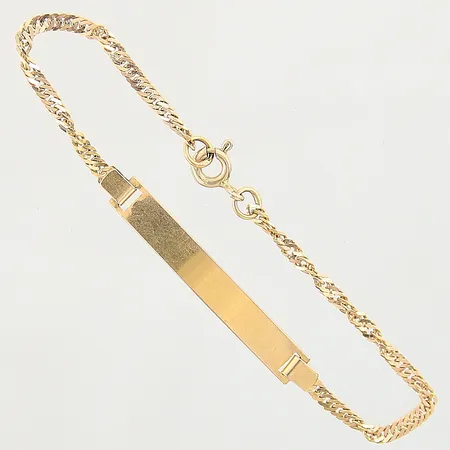Armband Singapore med integrerad platta längd 15cm, bredd 2-5mm, något skev, lås med smärre buckla, lås i 14K, resterande i 18K  Vikt: 2,5 g