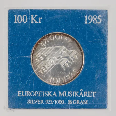 Minnesmynt Ø32mm Europeiska musikåret 1985 nominellt värde 100kr, plast etui, Silver 925/1000 Vikt: 16 g