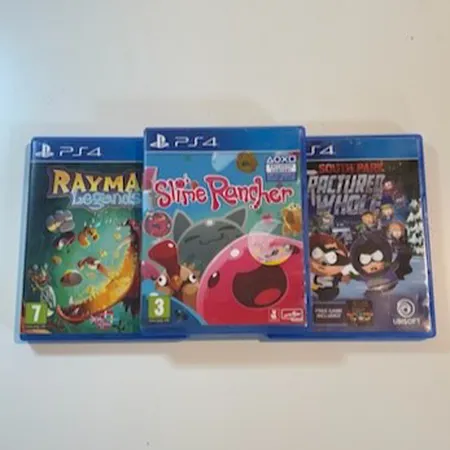 3 Spel till PS4, Rayman Legends, Slime Rancher, South Park The Fractured but Hole, bruksslitage EJ funktionsgaranti