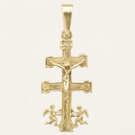 Hänge Caravaca krucifixet dubbelarmat med Jesus flankerad av 2 änglar, längd 38mm inklusive ögla, bredd 15mm, 18K Vikt: 3,4 g