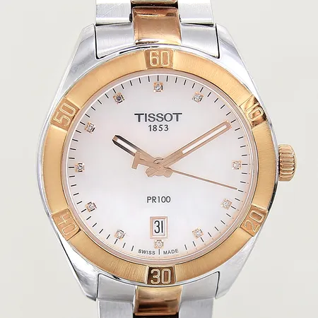 Damur Tissot PR100 stål/guld quartz Ø36mm, ref nr: T101910A, serie-nr: 69AP0KBQD, pärlemorurtavla, diamantindex, datum, safirglas, länk i stål/guld, viklås, mindre repor på boett samt länk, i behov av batteribyte, inga tillbehör