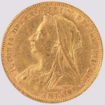 Mynt Sovereign år 1896 Ø22mm, Drottning Victoria, 22K Vikt: 8 g