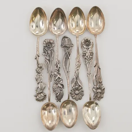 7 Kaffeskedar "Svenska Floran" 10-10,5cm 830/1000 Silver 65,5g.