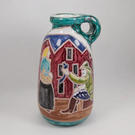 Hänkelvas Ela Monsen höjd 23,5cm, hamnmotiv, keramik, enstaka nagg,