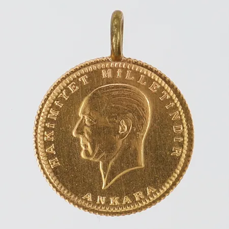 Hänge/mynt Hakimiyet Milletindir 1923, Ø14,5mm, öglor ej i guld, 22K.  Vikt: 1,9 g