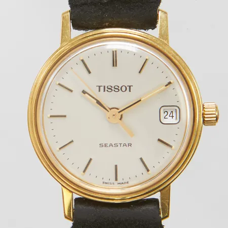 Damur Tissot Seastar 18K quartz 22mm, datum, slitage läderarmband, gravyr, inga tillbehör.
