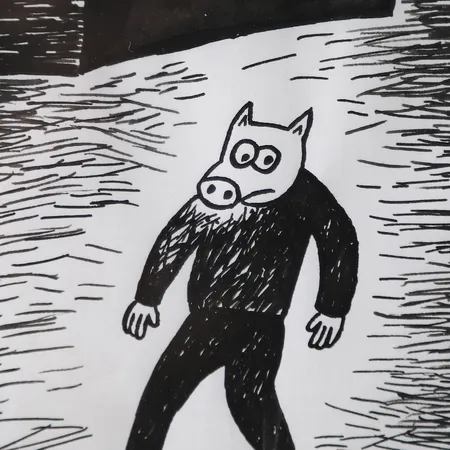 Tavla Gunnar Lundkvist "BÅRHUS SLAKTERI", tusch på papper, signerad, bildyta 14x21cm, ej examinerad.   Skickas med postpaket.