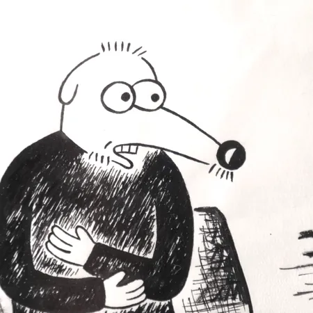 Tavla Gunnar Lundkvist "Olle Ångest i Soffan", tusch på papper, signerad och daterad 1996, ej ramad, papper med smärre hanteringsskador.  Skickas med postpaket.