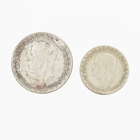 Två mynt Gustav V, 1 & 2kr, 1946 och 47, Ø25 & 31mm, silver 400/1000 Vikt: 20,9 g