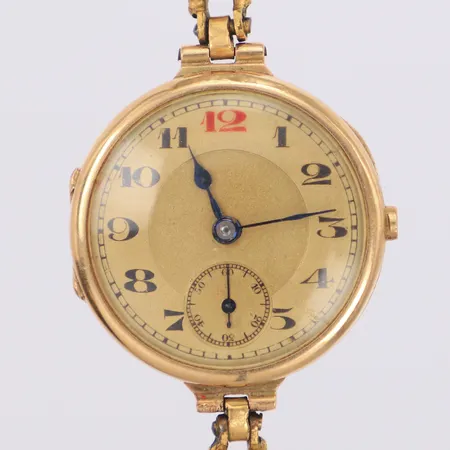 Damur 14K manuell (går ej) 25mm, liten sekundvisare, krona saknas, gravyr, länk i oädel metall, inga tillbehör 