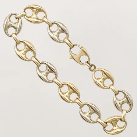 Armband Bönlänk med stav i rödguld och vitguld, längd 19cm, bredd 10,8mm, Italien, 18K  Vikt: 11,3 g