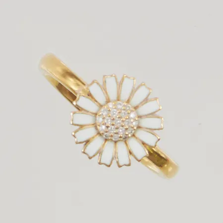 Ring "Daisy" Georg Jensen diamanter totalt 0,05ctv, stl:56/18 bredd:3,3-11mm, vit emalj, Danmark, etui, ytterkartong, förgylld silver 925/1000 3,7g.