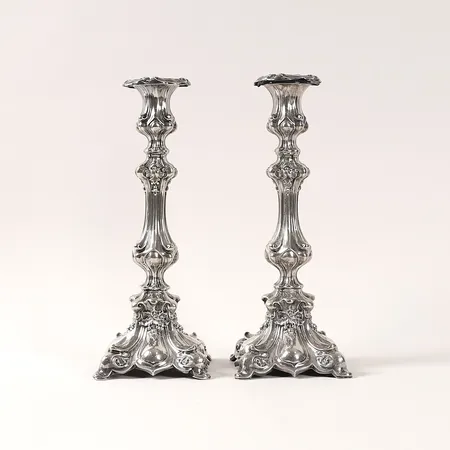 Ljusstakar barockstil omkring år 1900 stämplade T.Palmgren nysilver höjd 27cm Vikt: 0 g