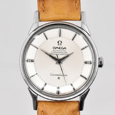 Herrur Omega Constellation Pie-Pan Ø 29mm automatisk stål, boett nr 14900 SC-62, verk nr 19378844, Cal.551 läderband, inga tillbehör
