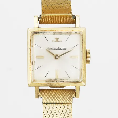 Damur Jaguer Le Coultre 18K ca 17x17mm, manuell, ej originalarmband av doublé, slitage, urtavla med mindre missfärgning.  