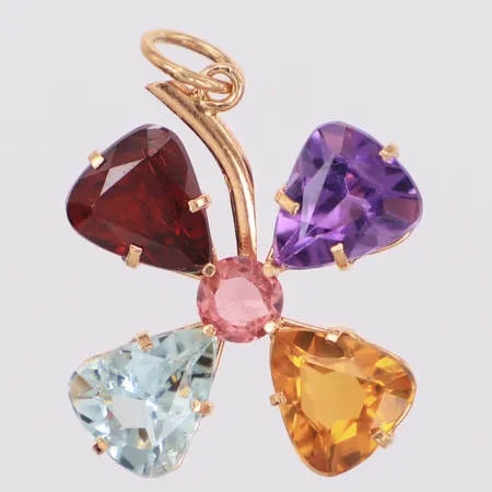 Hänge blomma med färgade stenar längd 26,8mm, bredd 18,5mm, ostämplad, 14K Vikt: 2,2 g