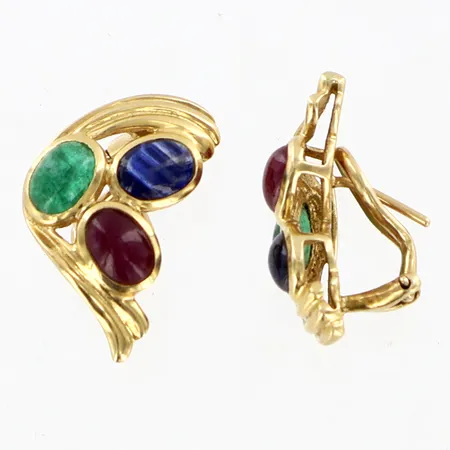 Örhängen med rubiner smaragder safirer, cabochonslipade, 15x22mm, 14K Vikt: 6,9 g