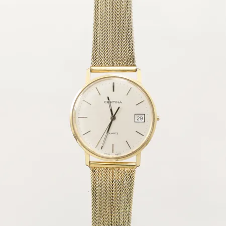 Armbandsur Certina 18K, quartz, 33,5mm, refnr 115.9299.68, datum, stållänk förgyllt stål slitage, gravyr, defekt krona saknas, repig, inga tillbehör. 