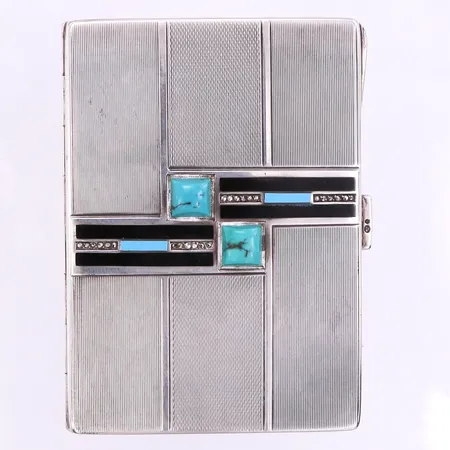 Dosa Art Decostil,1900 talets första hälft,dekor med markasiter och stenar,någon repa/ojämnhet,6x8.5 cm,silver 925/1000. Vikt: 98,7 g