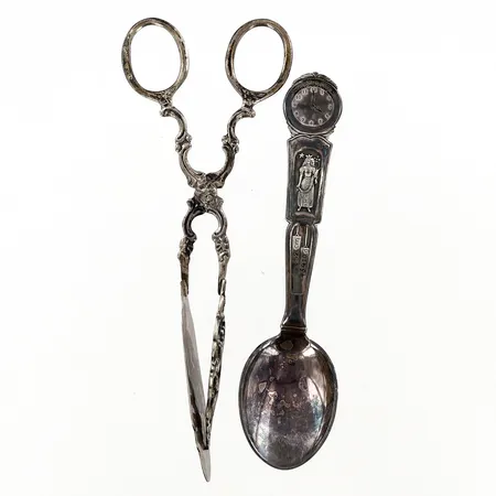 Kaktång 16,5cm, Dopsked 14,5cm, gravyr silver 830/1000 Vikt: 64 g