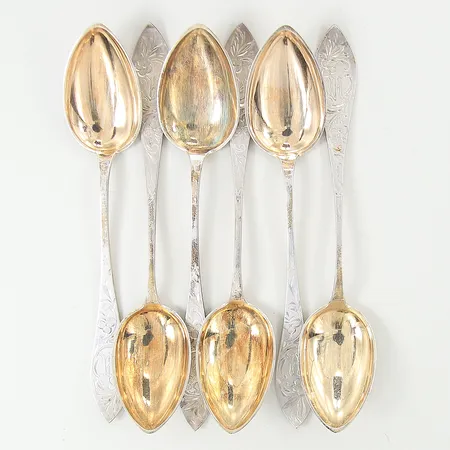 Kaffeskedar 6 stycken, längd 14cm, delvis förgyllda, etui med slitage, graverade, silver 830/1000 Vikt: 73,9 g