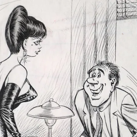 Tavla Bill Ward "YOU MEAN TO SAY MISS YOU HAVE...", tusch på papper, signerad, ramad med passepartout, bladstorlek 28x22cm, slitage, mindre hanteringsskador.    Skickas med postpaket.