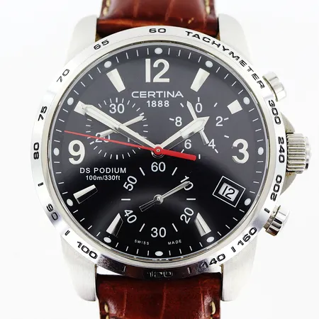 Herrur Certina DS Podium, stål, quartz, Ø40mm, ref 536 7029/7129A, serienr 11BC0554731, ca 2011, kronograf, datum, brunt läderband, viklås, manual, slitage på box, inga övriga tillbehör.