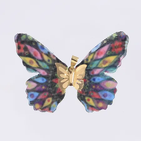 Hänge i form av fjäril med vingar av flerfärgad textil ca 50x35mm 18K Vikt: 0,3 g