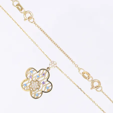 Halscollier ankarlänk blomma med färgade stenar förlängningskedja total längd 47cm bredd 1-22mm 18K Vikt: 3,9 g