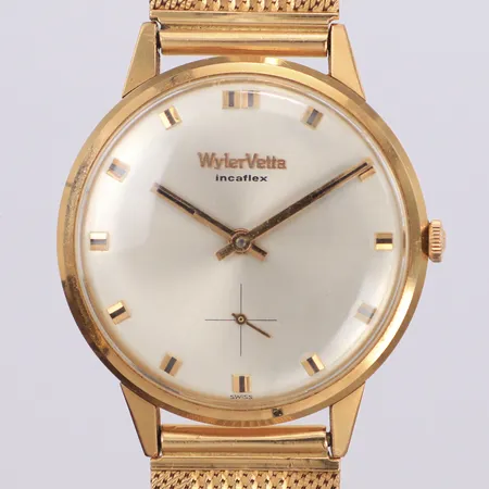 Herrur Wyler Vetta Incaflex 18K manuell, 34mm, liten sekundvisare, plexiglas, länk i 18K, längd på länk 19,5cm, brv: 58g