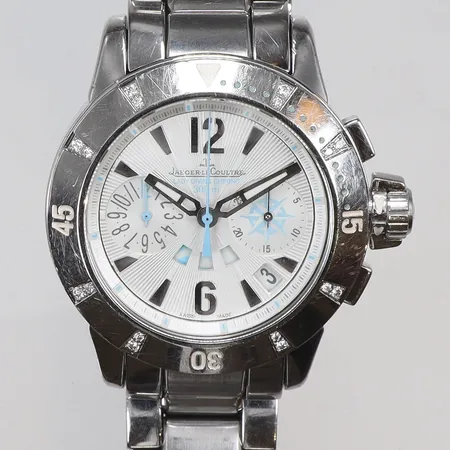 Damur Jaeger-LeCoultre Lady Diving Chrono 300m Ø38mm ref nr 156.8.25 snr 2461745, automat, kronograf, vridring med diamanter 16xca0,01-0,02ct, stållänk med box, ytterkartong, cert (Monte Carlo), intyg, repor och smärre slitage, extra länkbitar finns 