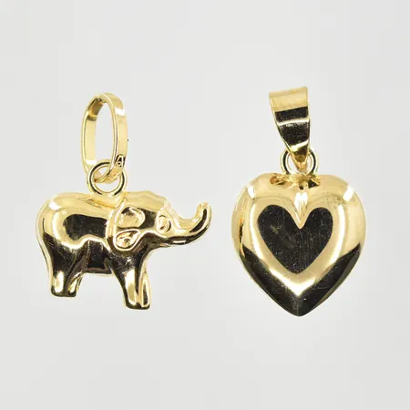 Två hängen elefant och hjärta längd 10 mm, bredd 10 mm, 18K. Vikt: 0,5 g
