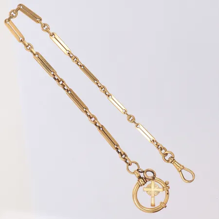 Urkedja med berlock längd 28cm, bredd 3,4-21mm, svensk importstämpel, gravyr på berlock, del i oädel metall, 18K  Vikt: 19,7 g