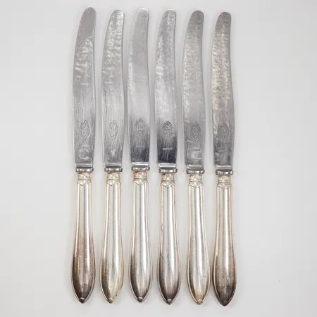 6 Matknivar modell Svensk Spetsig 25cm, blad i rostfritt stål, gravyr, 830/1000, Bruttovikt: 442g.