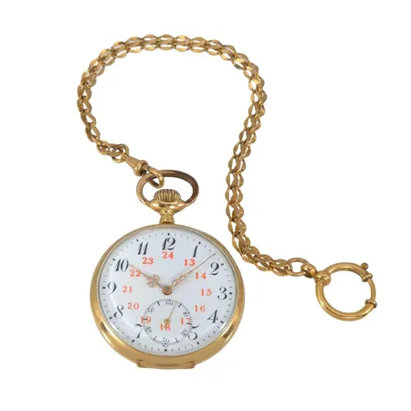 Fickur, 14K guld, Ø48,5 mm, en boett i guld, manuell - fungerar, gravyr inre boett, mindre intryckningar, fickurskedja i doublé medföljer Vikt: 74,8 g