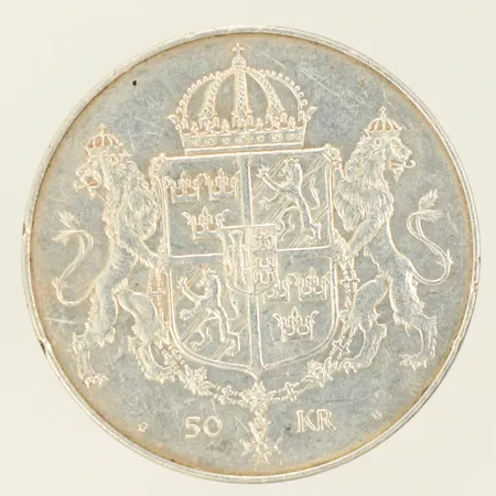 Jubileumsmynt kungligt bröllop 19 juni 1976 nom värde 50kr, silver 925/1000-delar 27g Vikt: 27 g