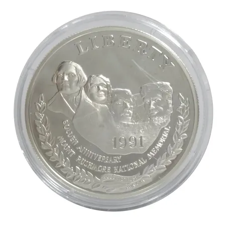 Mynt, Dollar, USA 1991, silver 900/1000, Ø38,1 mm, förvaras i myntkapsel, fint ex Vikt: 26,7 g