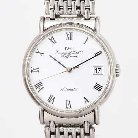 Herrur IWC Portofino Ø39mm, stål, automatisk, snr: 2809181, viklås, datum, romerska siffror, Kvittokopia från Kronometry Cannes 2004, en av skruvarnas huvud på bakboetten har nedslitet spår går ej att öppna med vanliga verktyg 