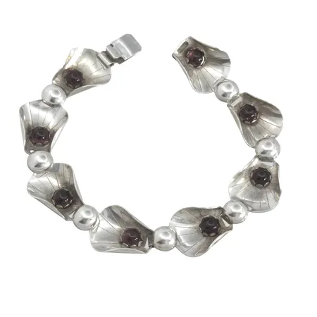 Retro Armband 1950-tal silver, rosa/lila stenar, längd 20 cm, bredd 16,5 mm, ALTON Falköping 1955, stenar utan anmärkning, kontrollstämpel Vikt: 21,1 g