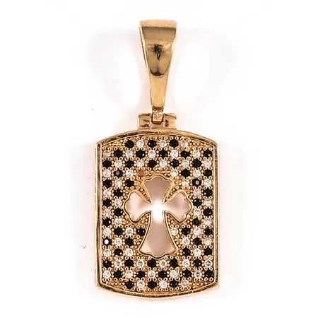 Hänge bricka genombrutet kors svarta och vita stenar (cz) bredd 15mm, längd 33mm, sten saknas 14K 3,8g. 