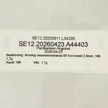 Armring meandermönstrad Ø17cm bredd 2,5mm, 18K 1,7g