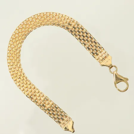 Armband X-länk längd 18cm bredd 9mm, låsögla defekt, 14K 9,4g Vikt: 9,4 g