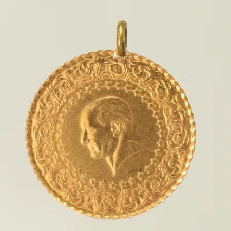 Hänge, mynt Attaturk, Ø21,9mm, ögla ej i guld, 21,6K Vikt: 3,6 g